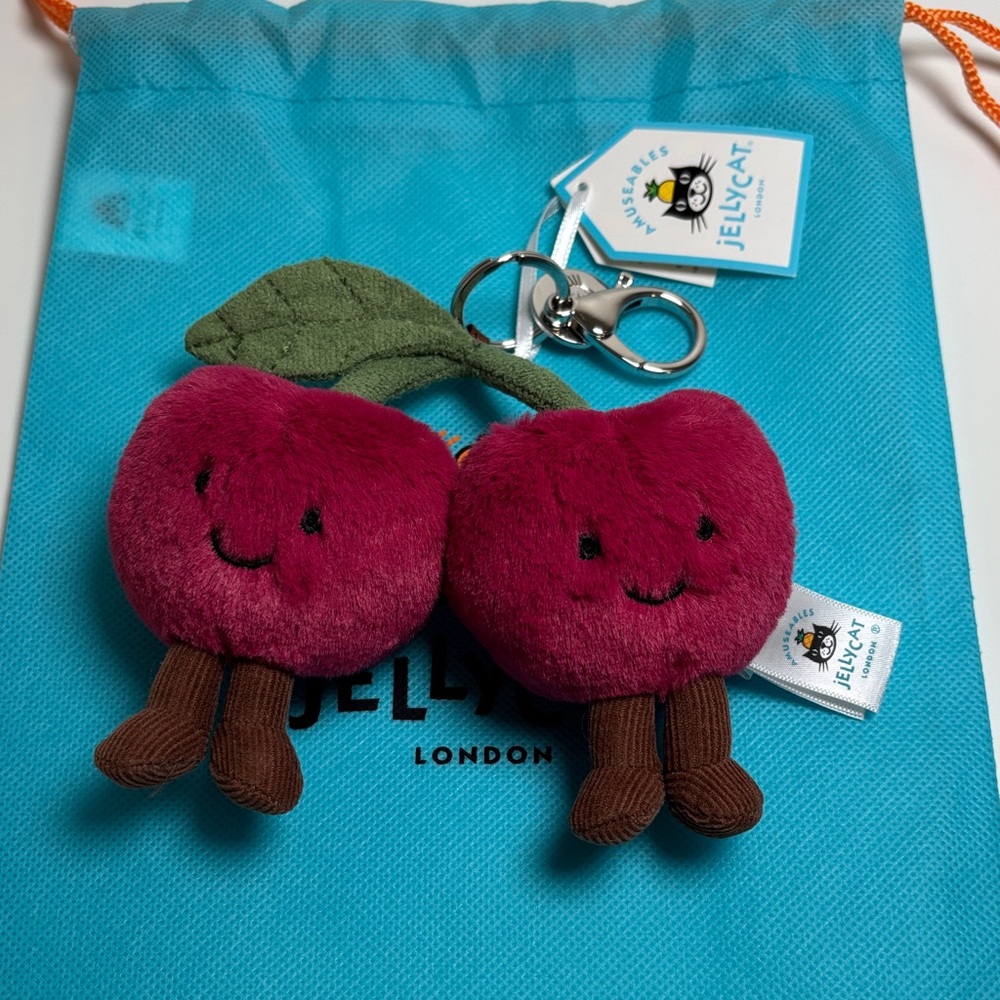 US Seller Jellycat Amuseables Cherries Bag Charm keychain With Dust Bag NWT